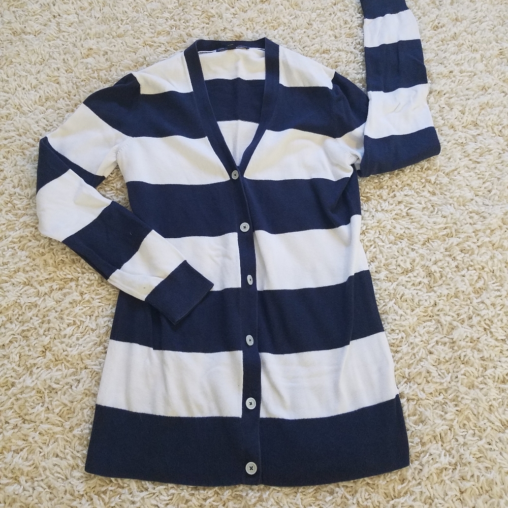 Brooks Brothers Navy & White wide stripe nautical cotton cardigan